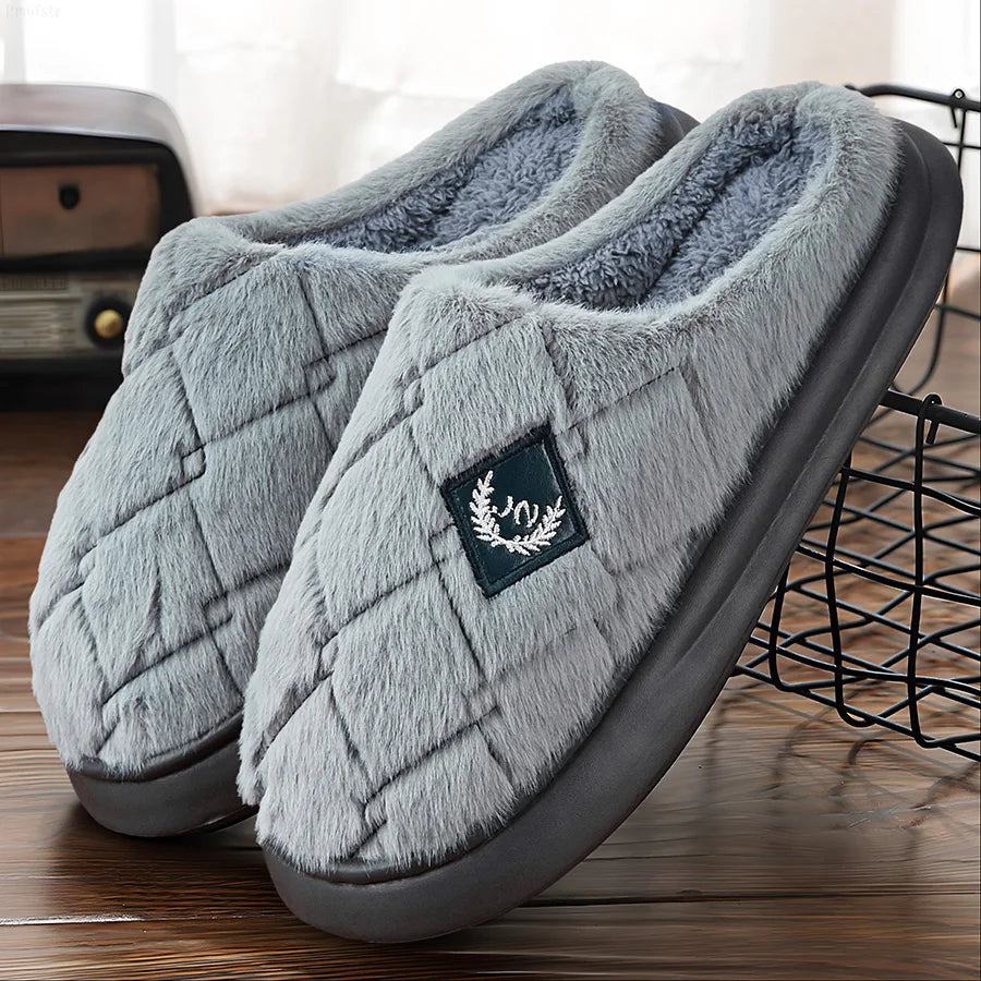 Men's House Slippers Furry Plaid cozy EVA Memory Foam Lightweight Casual Shoes Winter Warm Plush Non-slip Slippers big size