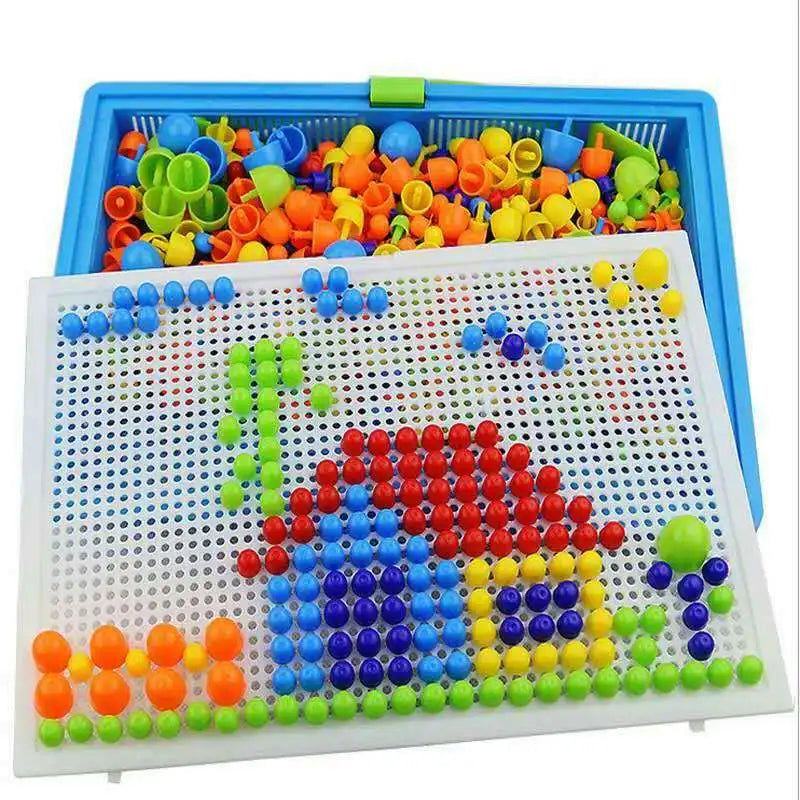 296 Pieces/Set Box-Packed Grain Mushroom Nail Beads Intelligent 3D Puzzle Games Jigsaw Board for Children Kids Educational Toys