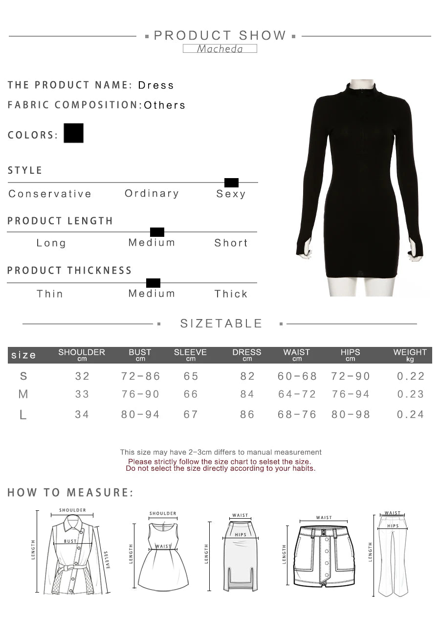 Macheda Elegant Autumn Winter Black Bodycon Dress Women 2022 Turtleneck Slim Ribbed Knitted Long Sleeve Mini Dress Vestido