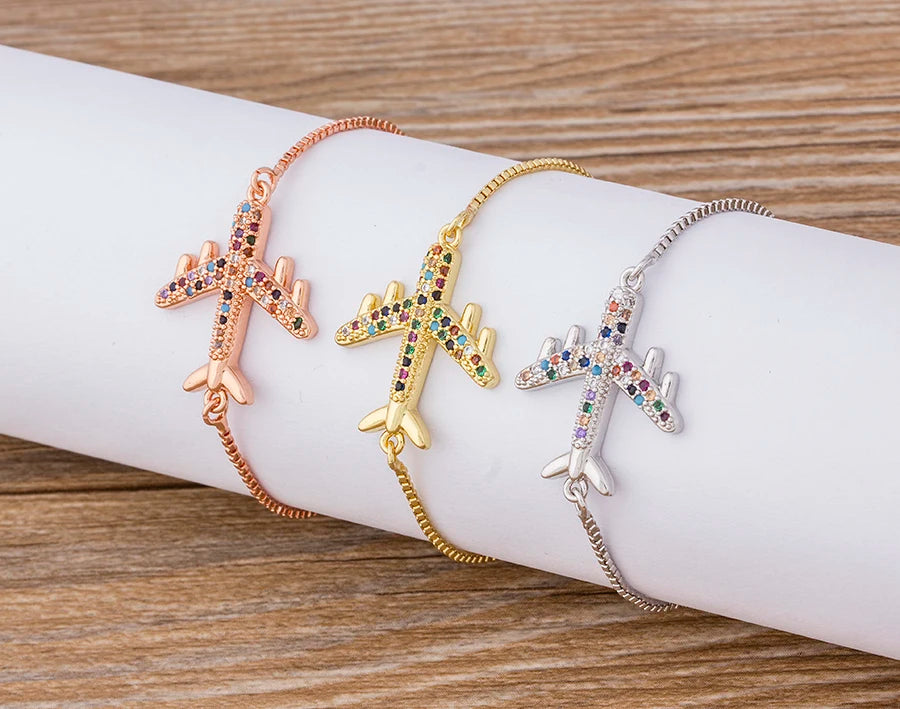 New Arrival Copper CZ Aircraft Chain Bracelet For Women Adjustable Charm Fly Plane Bangle Jewelry Best Party Wedding Trip Gift