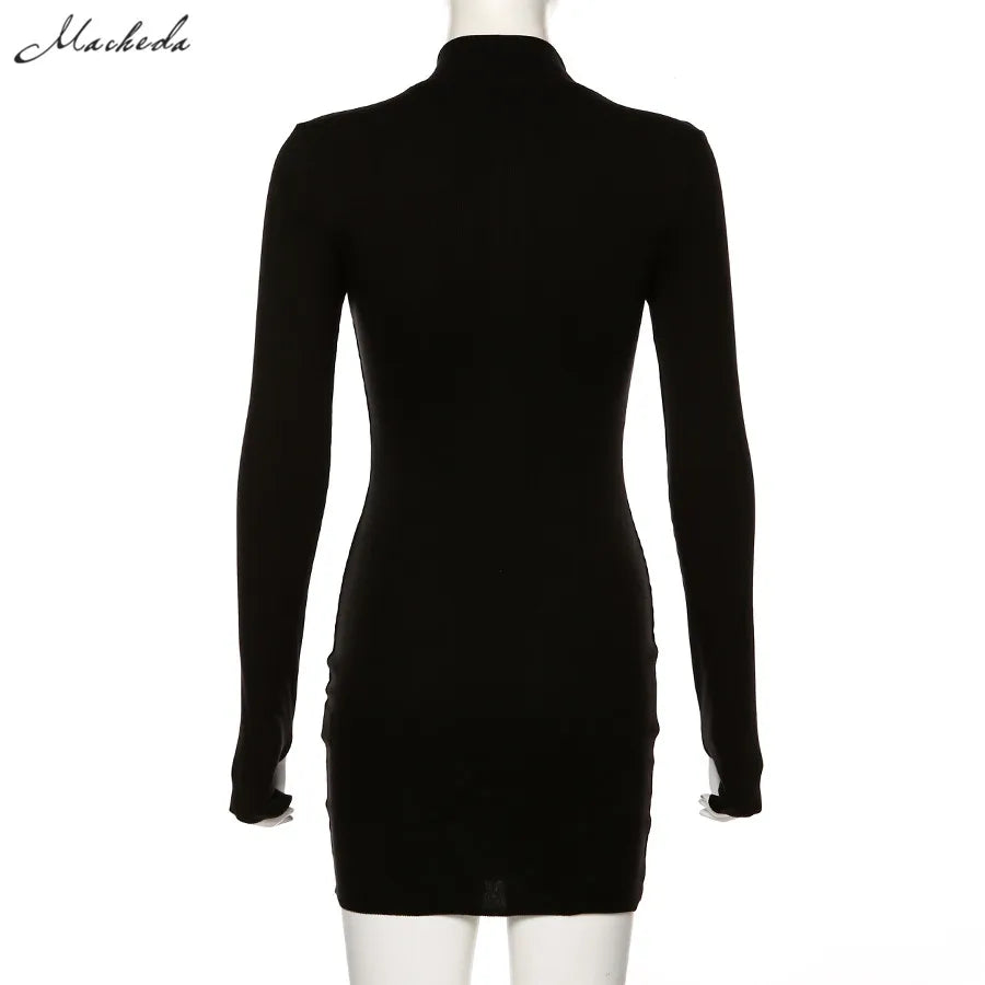 Macheda Elegant Autumn Winter Black Bodycon Dress Women 2022 Turtleneck Slim Ribbed Knitted Long Sleeve Mini Dress Vestido