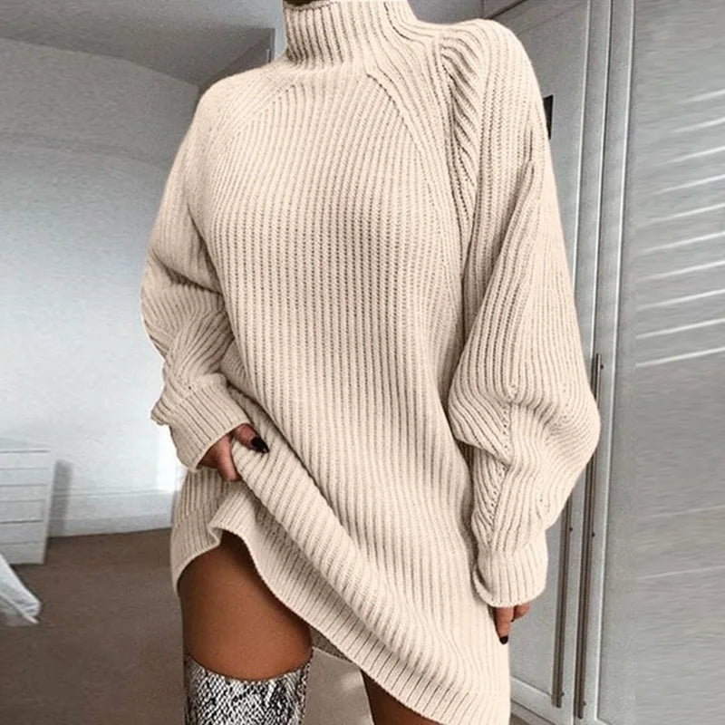 Women Turtleneck Sweater Dress Autumn Solid Long Sleeve Casual Elegant Mini Oversized Knitted Dress Winter Clothes