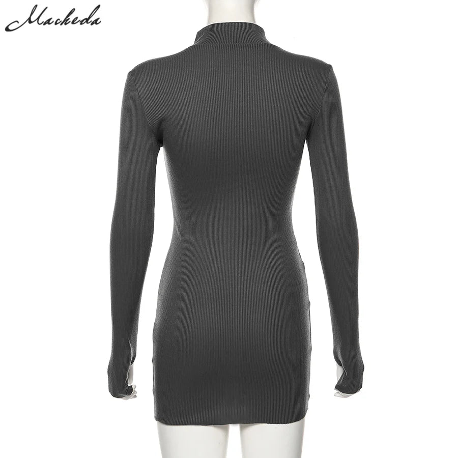 Macheda Elegant Autumn Winter Black Bodycon Dress Women 2022 Turtleneck Slim Ribbed Knitted Long Sleeve Mini Dress Vestido