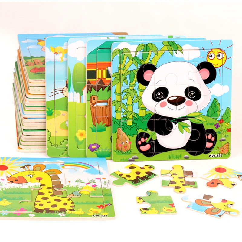 Hot Sale 12/9 PCS Puzzles Wooden Kids Baby Wood Cartoon Vehicle Animals Learning Educational Toys for Children Gift