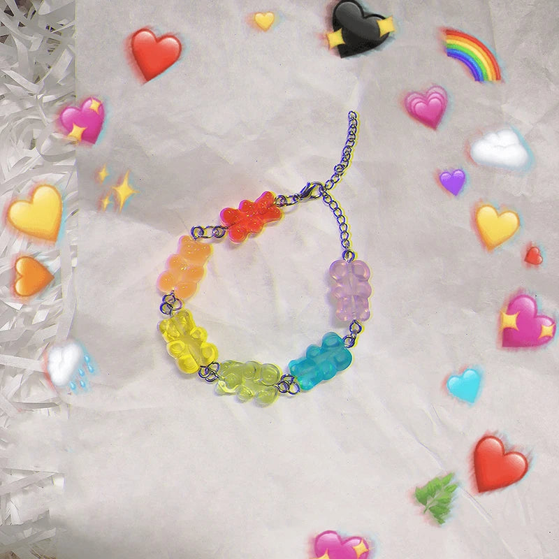 Cartoon Rainbow Candy Bear Ins Colored Gummy Candy Woman Bear Bounce Di Hip Hop Jelly Color Bracelet Girl Bracelet Gift