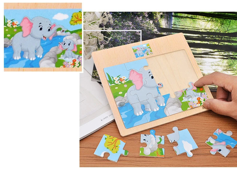 Hot Sale 12/9 PCS Puzzles Wooden Kids Baby Wood Cartoon Vehicle Animals Learning Educational Toys for Children Gift