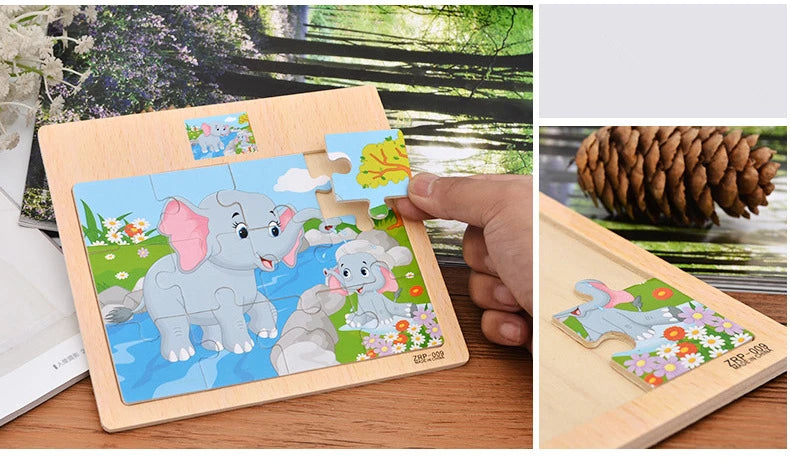 Hot Sale 12/9 PCS Puzzles Wooden Kids Baby Wood Cartoon Vehicle Animals Learning Educational Toys for Children Gift