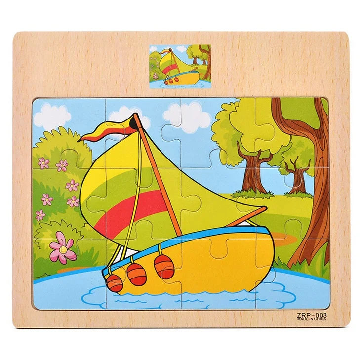 Hot Sale 12/9 PCS Puzzles Wooden Kids Baby Wood Cartoon Vehicle Animals Learning Educational Toys for Children Gift