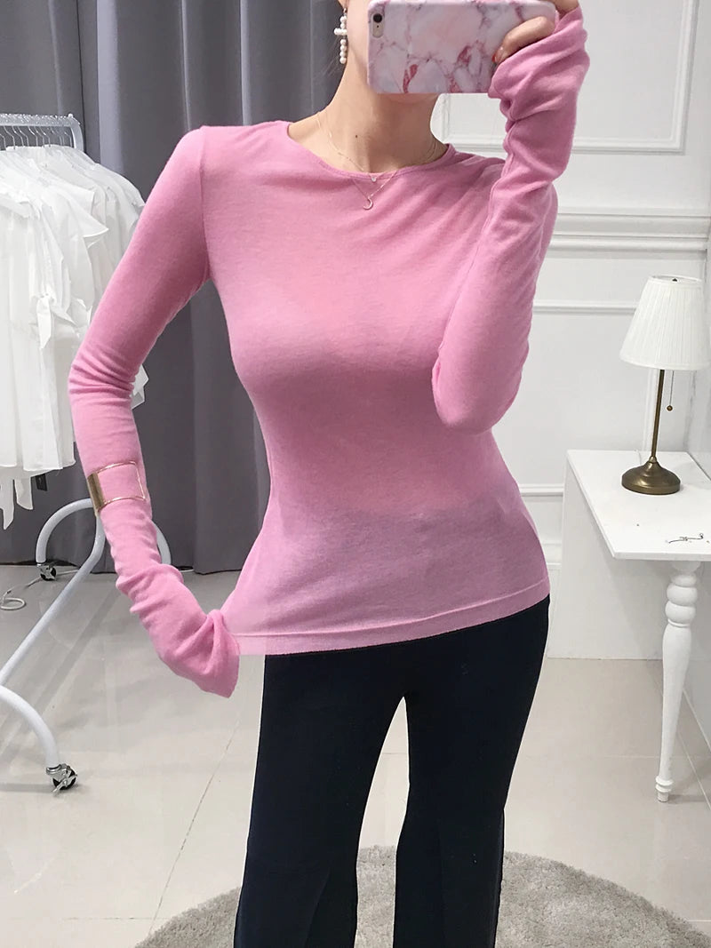 Shintimes Sexy Shirt Women T-Shirt Long Sleeve Korean Style Slim Basic Elasticity Tshirt Top Womens Clothing T Shirt Femme