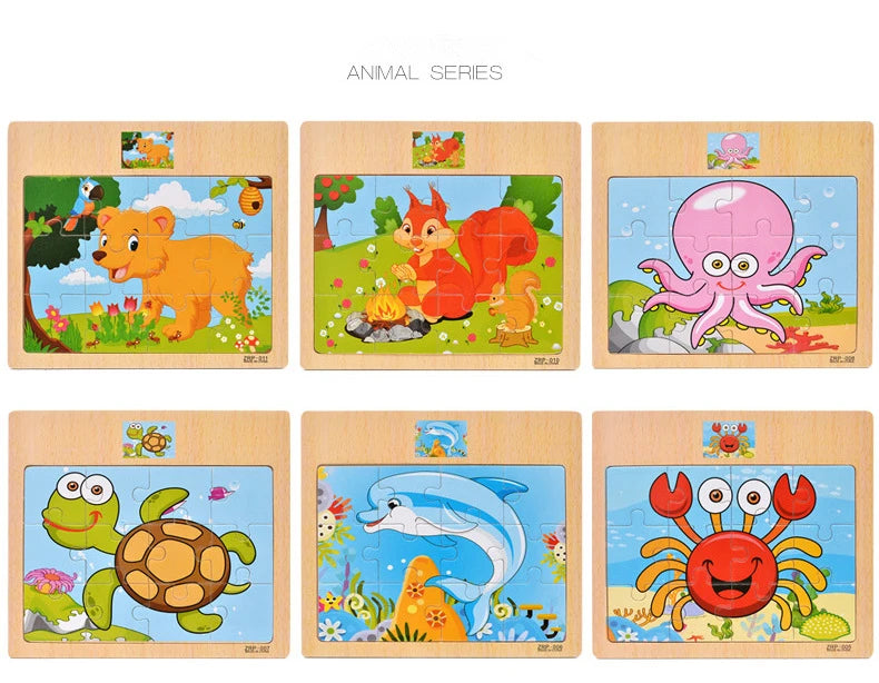 Hot Sale 12/9 PCS Puzzles Wooden Kids Baby Wood Cartoon Vehicle Animals Learning Educational Toys for Children Gift