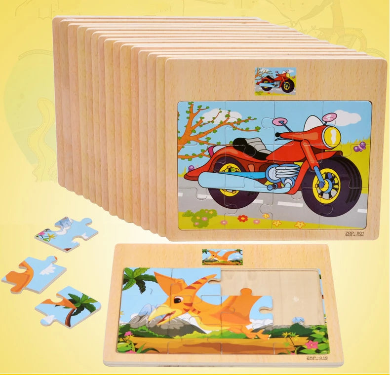 Hot Sale 12/9 PCS Puzzles Wooden Kids Baby Wood Cartoon Vehicle Animals Learning Educational Toys for Children Gift