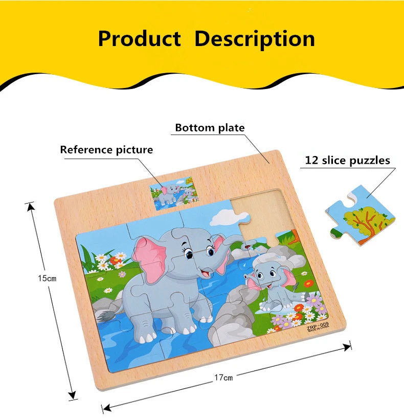 Hot Sale 12/9 PCS Puzzles Wooden Kids Baby Wood Cartoon Vehicle Animals Learning Educational Toys for Children Gift