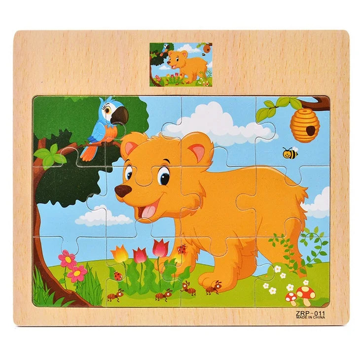 Hot Sale 12/9 PCS Puzzles Wooden Kids Baby Wood Cartoon Vehicle Animals Learning Educational Toys for Children Gift