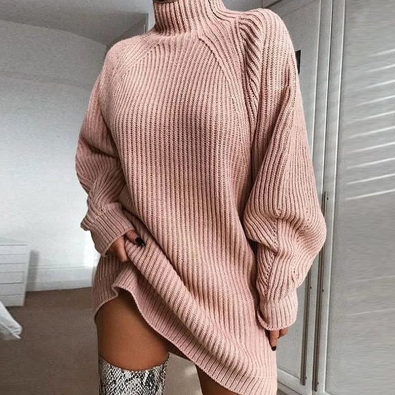 Women Turtleneck Sweater Dress Autumn Solid Long Sleeve Casual Elegant Mini Oversized Knitted Dress Winter Clothes