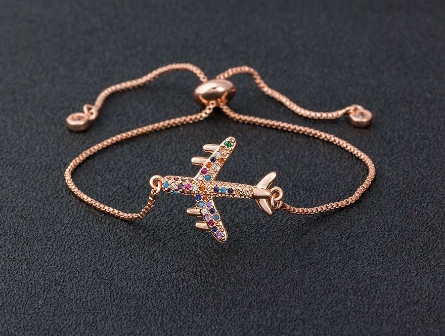 New Arrival Copper CZ Aircraft Chain Bracelet For Women Adjustable Charm Fly Plane Bangle Jewelry Best Party Wedding Trip Gift