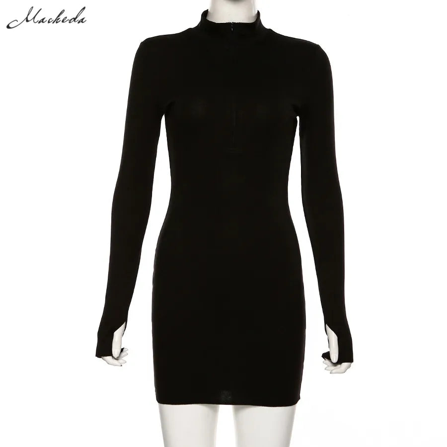 Macheda Elegant Autumn Winter Black Bodycon Dress Women 2022 Turtleneck Slim Ribbed Knitted Long Sleeve Mini Dress Vestido