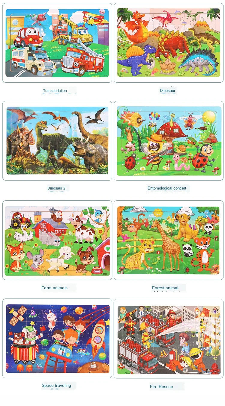 30 Pieces Wooden Jigsaw Puzzle Kids Cartoon Animal Vehicle Puzzles Games Baby Early Learning Educational Toys for Children