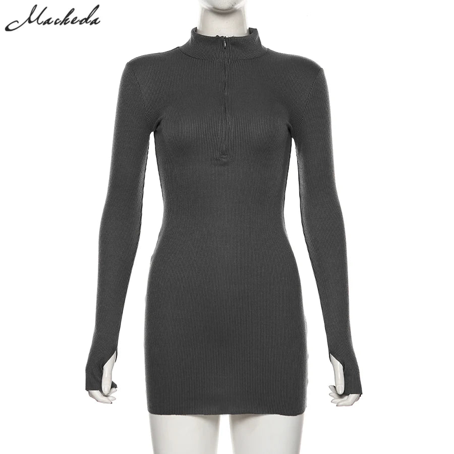 Macheda Elegant Autumn Winter Black Bodycon Dress Women 2022 Turtleneck Slim Ribbed Knitted Long Sleeve Mini Dress Vestido