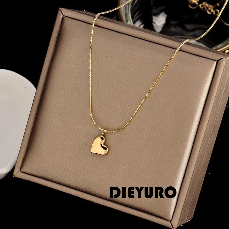 DIEYURO Stainless Steel Love Heart Pendant Necklace For Women 2022 New Trendy Temperament Simple Neck Chain Jewelry Gift Choker