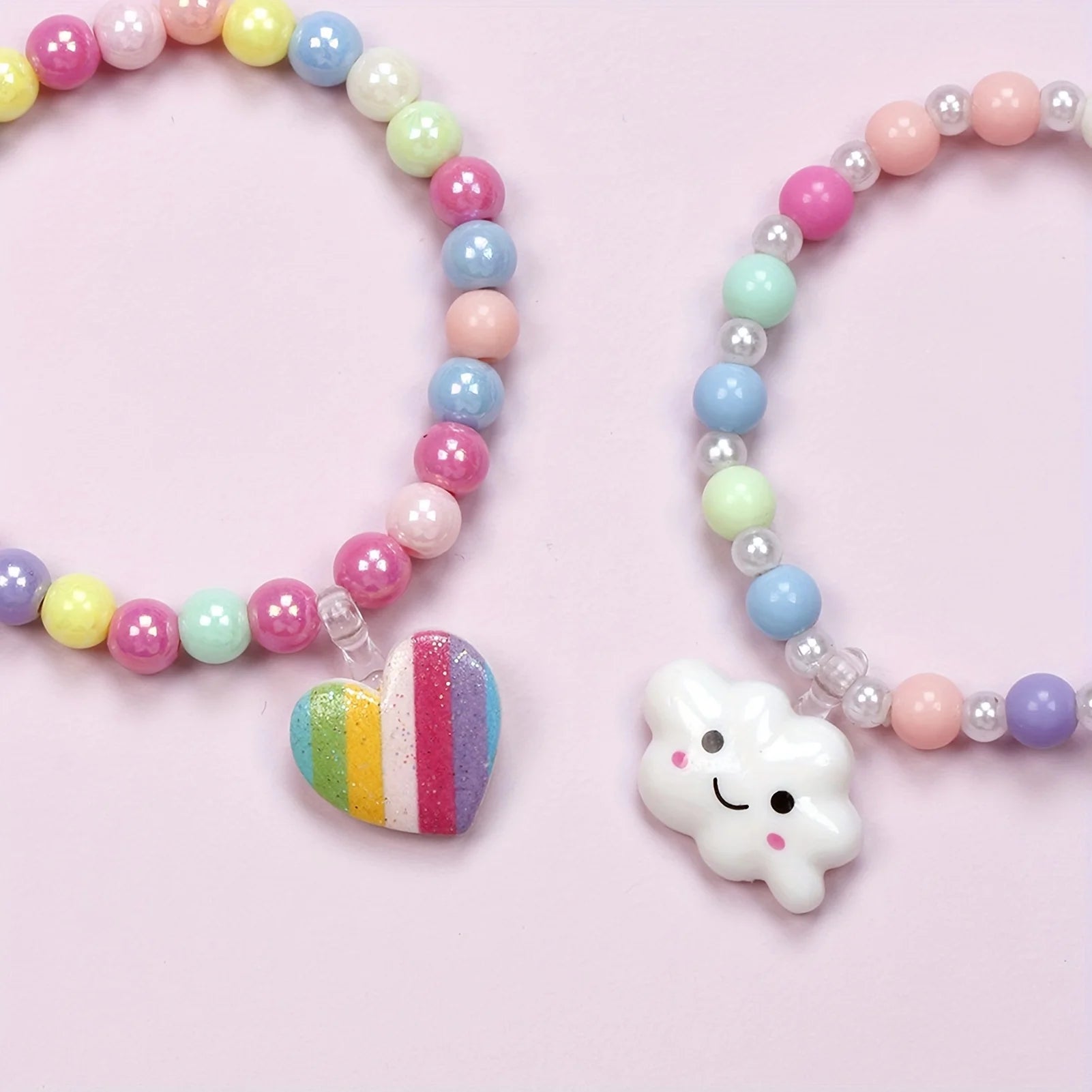 Colorful Acrylic Beaded Bracelet 6-Pack for Kids 3-12 - Rainbow Party Favors with Love Cloud Pendants, Ideal Gifts