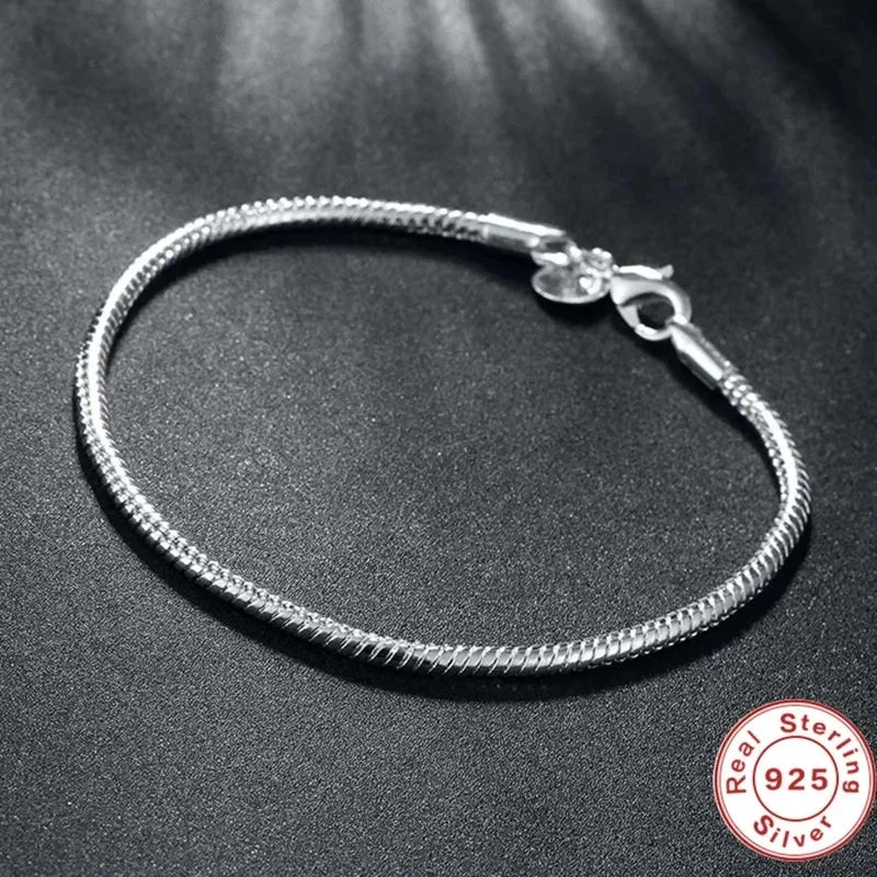 TOP SALE Authentic 100% 925 Sterling Silver 3MM Snake Chain Bangle & Bracelet for Women Luxury Bangle Jewelry 16-23CM