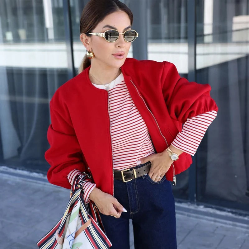 TRAF Red Zipper Bomber Jackets for Women Soft Cropped Jackets Woman 2024 Long Sleeve Woman's Sports Jacket New in Outerwears