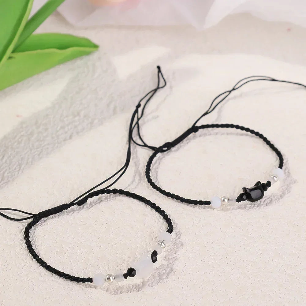 2pcs Natural Moonstone Obsidian Bracelets Couple Minimalist Bracelet Handmade Cute Black White Cat Bracelet Party Jewelry Gifts