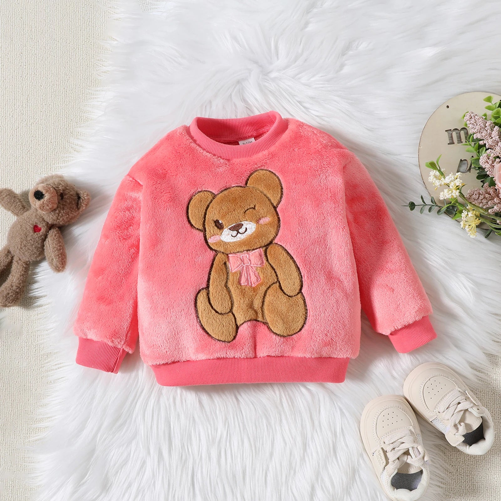 2PCS Kids Coral Plush Cute Teddy Bear Hoodie Autumn Winter Warmth Set Boys Girls Children Babies Warm Costume Suit 0-24M