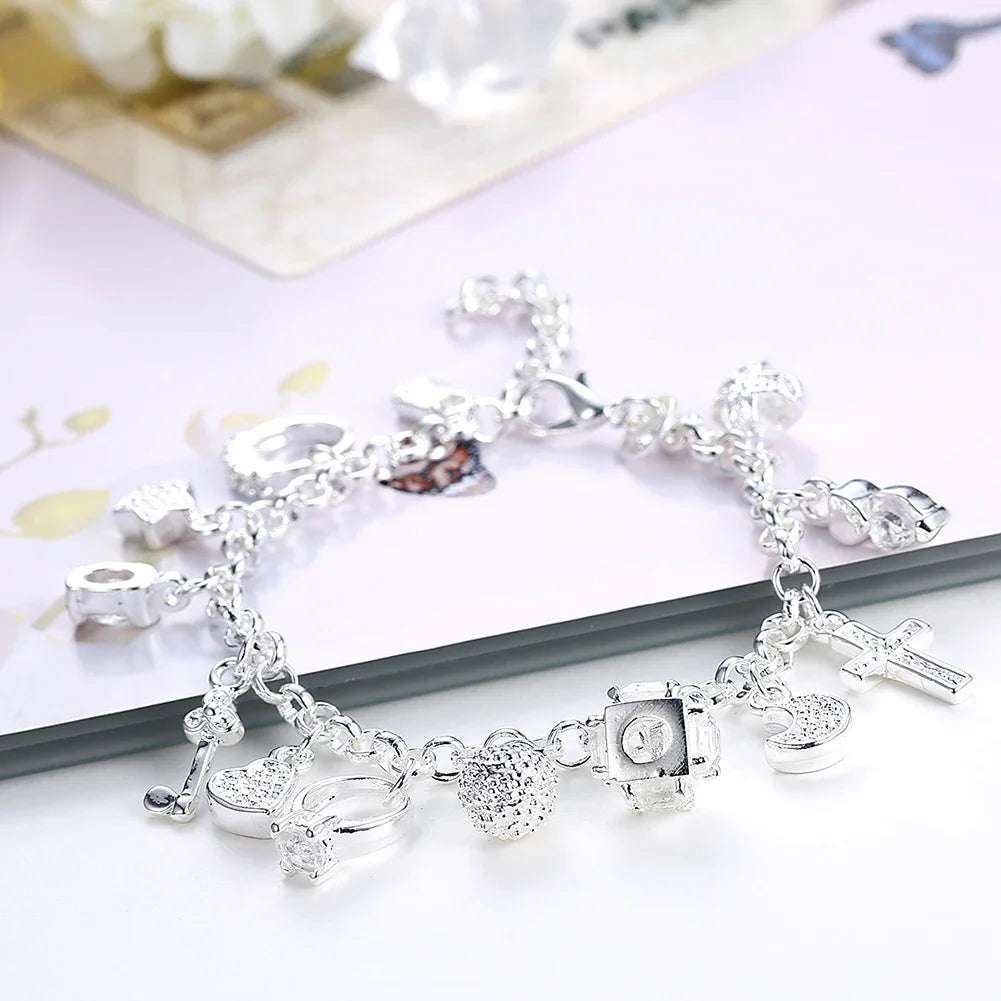 Fashion 925 Sterling Silver Bracelet for Woman Pretty Heart Zircon Pendant Chain Wedding Party Gifts Classic Jewelry 20CM 8inch