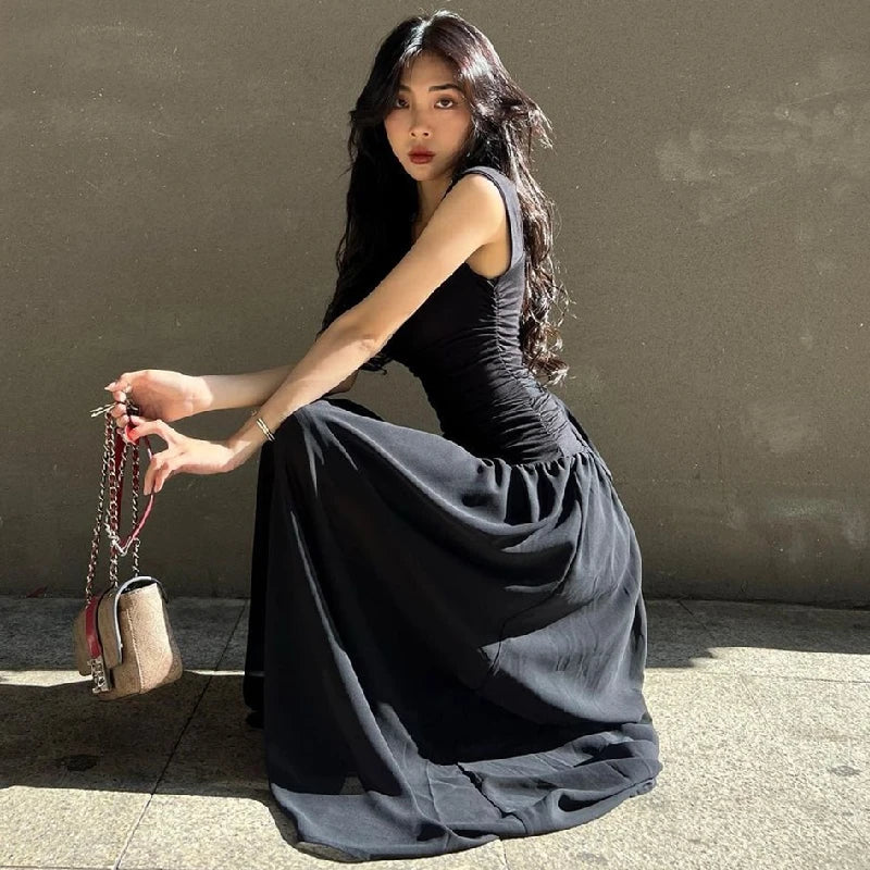 WhereMery Women Summer Party Long Dress Sexy Ruched Bodycon Black Maxi Dresses 2024 Elegant Temperament High-waist Vestidos New