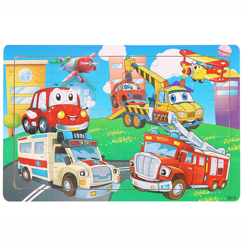 30 Pieces Wooden Jigsaw Puzzle Kids Cartoon Animal Vehicle Puzzles Games Baby Early Learning Educational Toys for Children