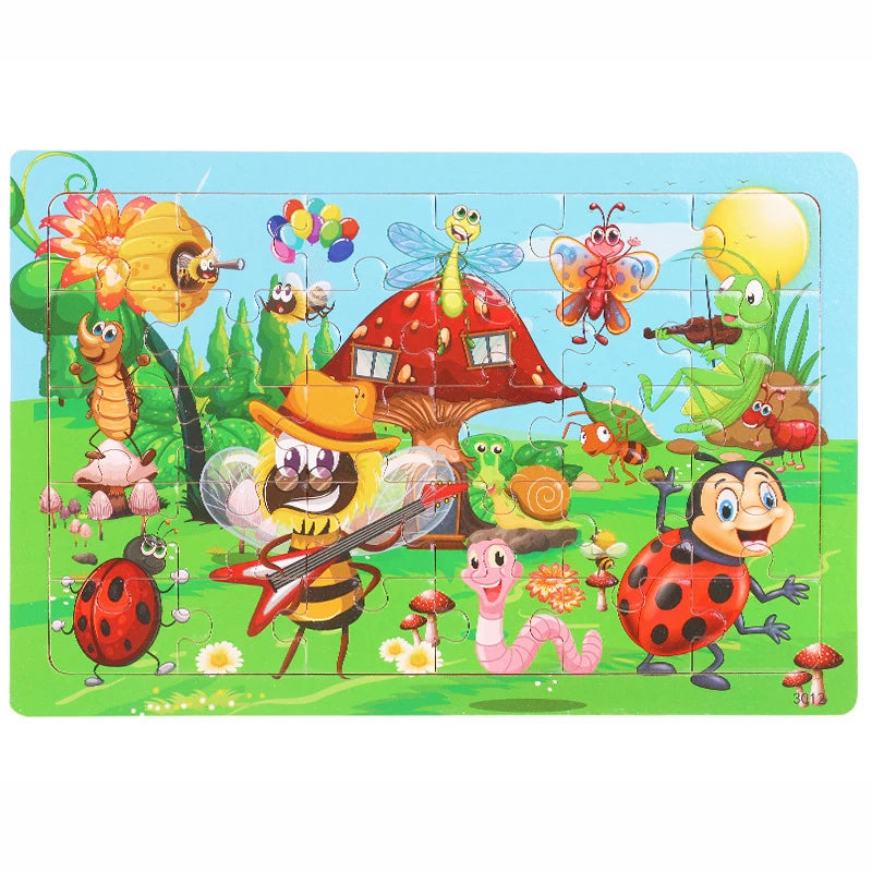 30 Pieces Wooden Jigsaw Puzzle Kids Cartoon Animal Vehicle Puzzles Games Baby Early Learning Educational Toys for Children