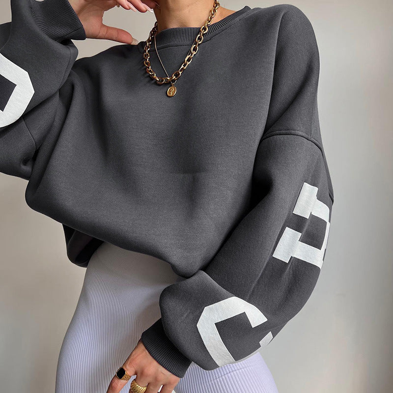 wsevypo Back Letters Print Oversized Sweatshirts Women Casual Thickened Warm Pullovers Long Sleeve Tops Autumn Winter Streetwear