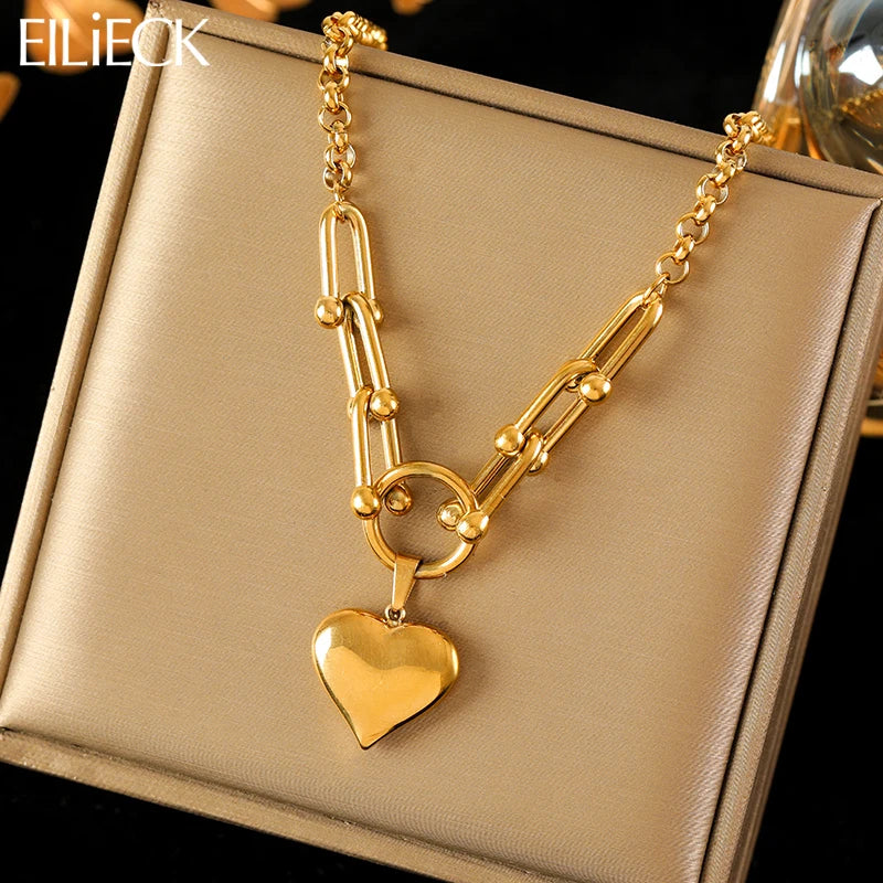 EILIECK 316L Stainless Steel Heart Love Pendant Necklace For Women Fashion 18K Gold Plated Neck Chain Waterproof Jewelry Gift