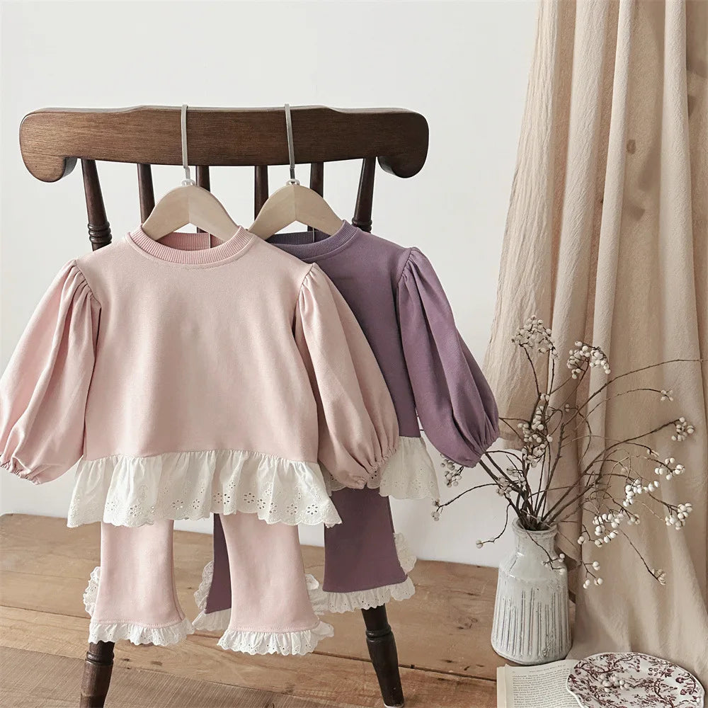 2025 Spring New Baby Long Sleeve Clothes Set Infant Girls Solid Lace Sweatshirt + Flared Pants 2pcs Suit Toddler Casual Outfits