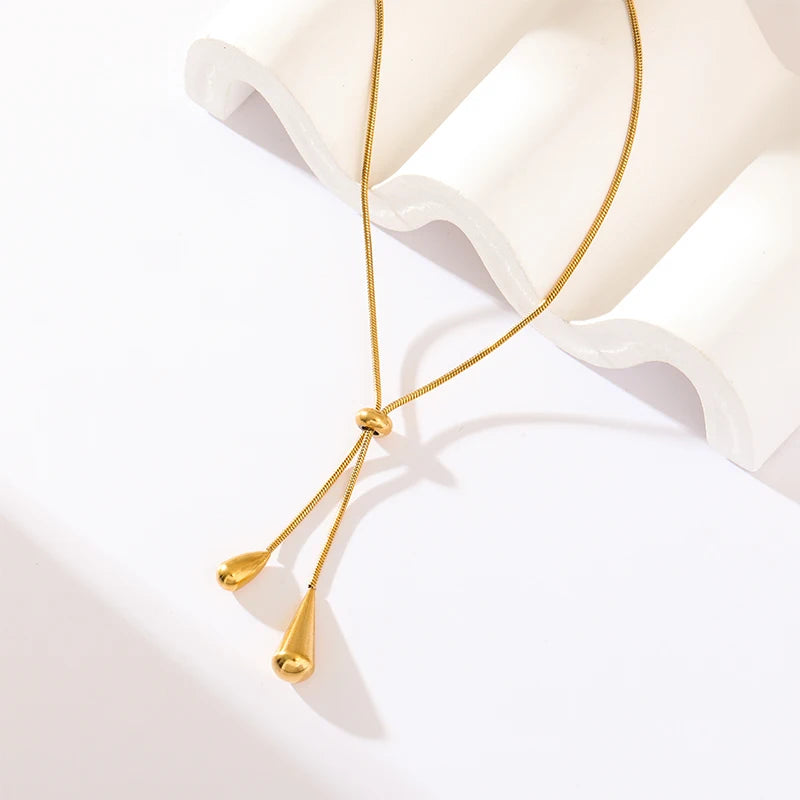 GANEMLY 316L Stainless Steel Water Drop Pendant Necklace For Women Trendy Drawstring Neck Chain 18K Gold Plated Jewelry Gift