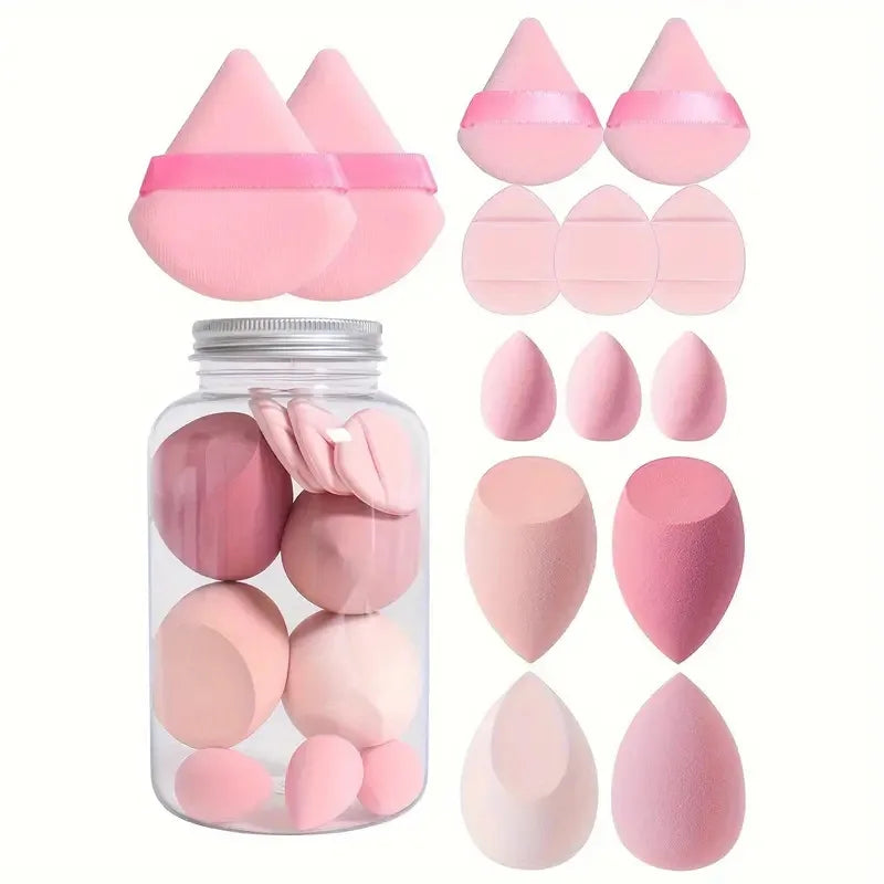 Makeup Sponge Set 14Pcs - Velvet Beauty Blenders, Finger Puff & Storage Jar