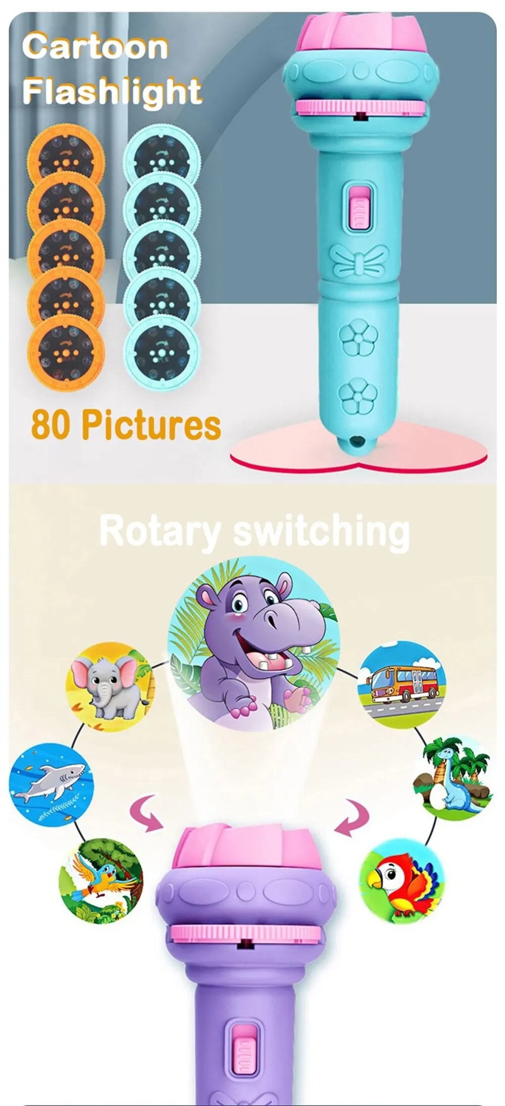 10 Cards Cartoon Projection Flashlight 80 Patterns Creative Children Flashlight Toy Projector Baby Toys Bedtime Story Book Toy