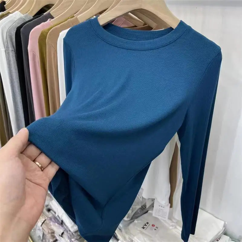 Autumn Office Lady Basic O-Neck Slim T-Shirt Women Solid Multi Color All-Match Trend Casual Top Screw Thread Long Sleeve Elastic