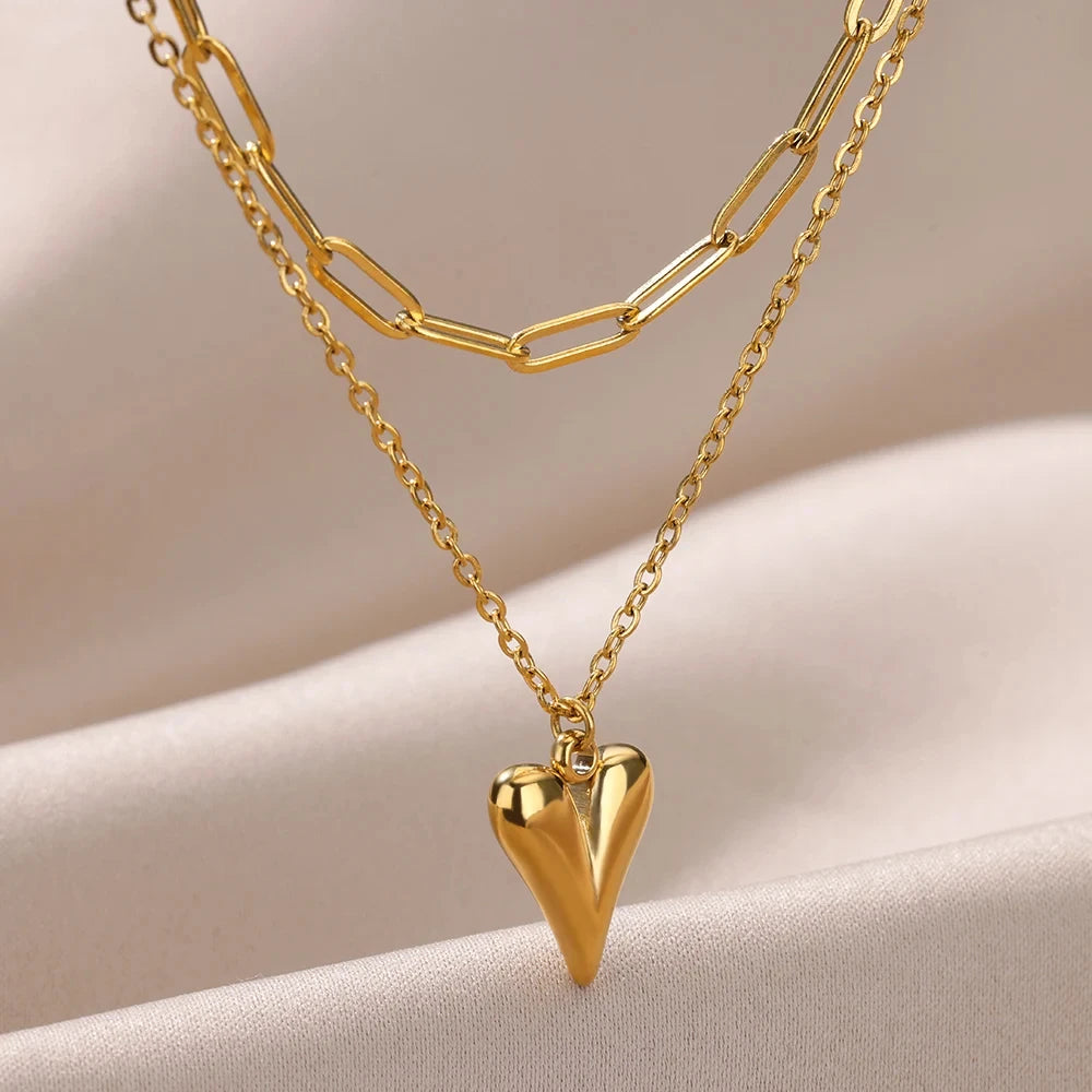 Multilayer Heart Necklaces For Women Stainless Steel Gold Color Evil Eye Pendant Chain Choker Necklace Wedding Jewerly Gift