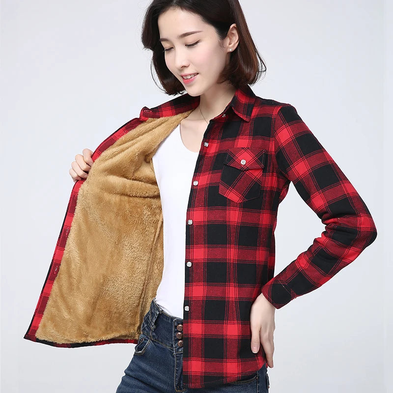 2023 Winter New Plus Thick Women's Warm Plaid Shirt Coat Lady Casual Fleece Velvet Jacket Tops Hot Women Clothes Outerwear