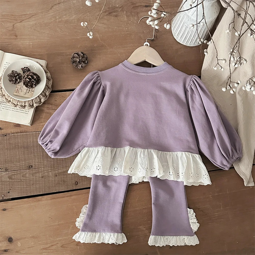 2025 Spring New Baby Long Sleeve Clothes Set Infant Girls Solid Lace Sweatshirt + Flared Pants 2pcs Suit Toddler Casual Outfits