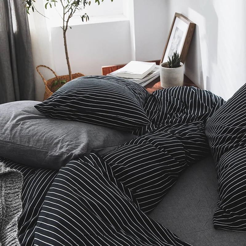 3 Pieces Modern Bedroom Decor 100% Cotton Black White Striped Duvet Cover and Pillowcases Men Couple's Bedding Queen King Size