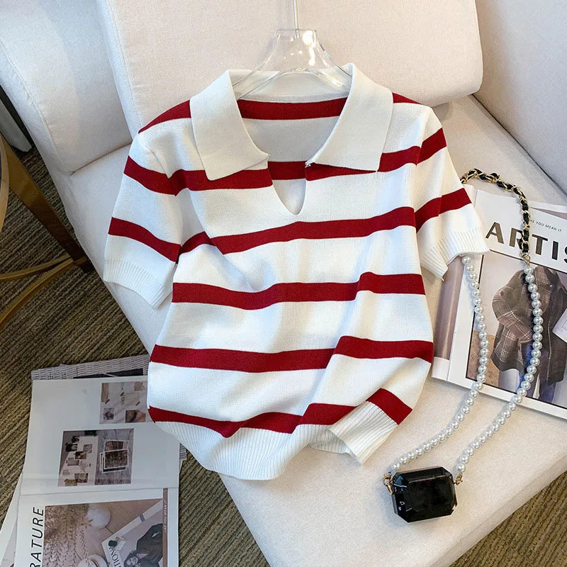 New Striped Pattern Collared Sweater Versatile Short Sleeve Knitted Top For Spring & Summer Women's Clothing Crop Top