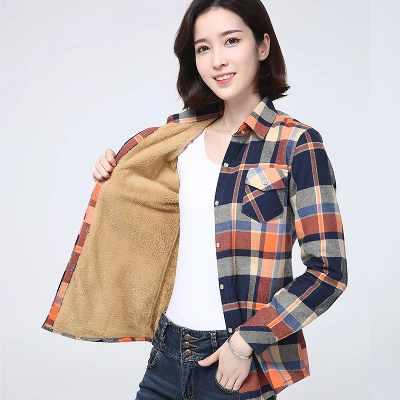 2023 Winter New Plus Thick Women's Warm Plaid Shirt Coat Lady Casual Fleece Velvet Jacket Tops Hot Women Clothes Outerwear