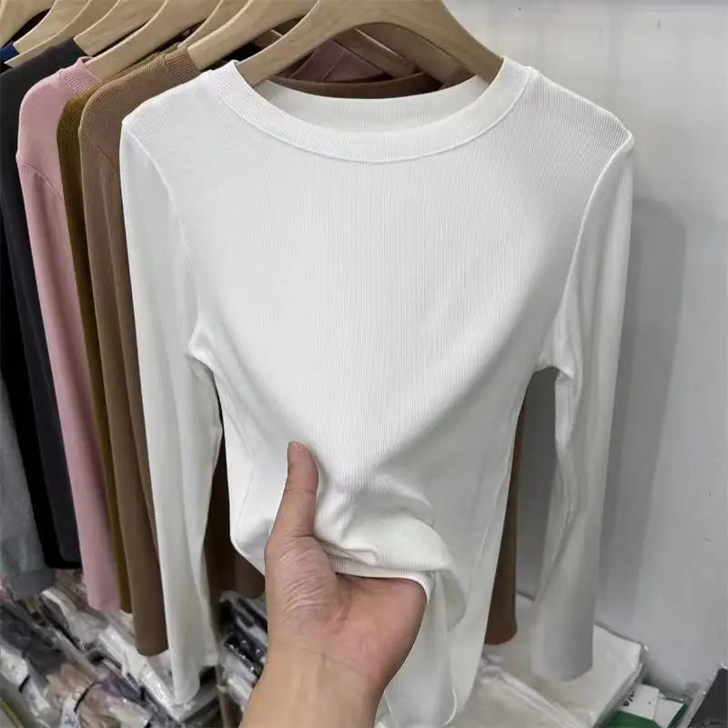 Autumn Office Lady Basic O-Neck Slim T-Shirt Women Solid Multi Color All-Match Trend Casual Top Screw Thread Long Sleeve Elastic