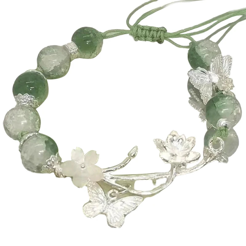 Chinese Style Imitation Jade Lotus Beaded Bracelet For Women Jewelry Gift Fashion Design Butterfly Pendant Bracelet