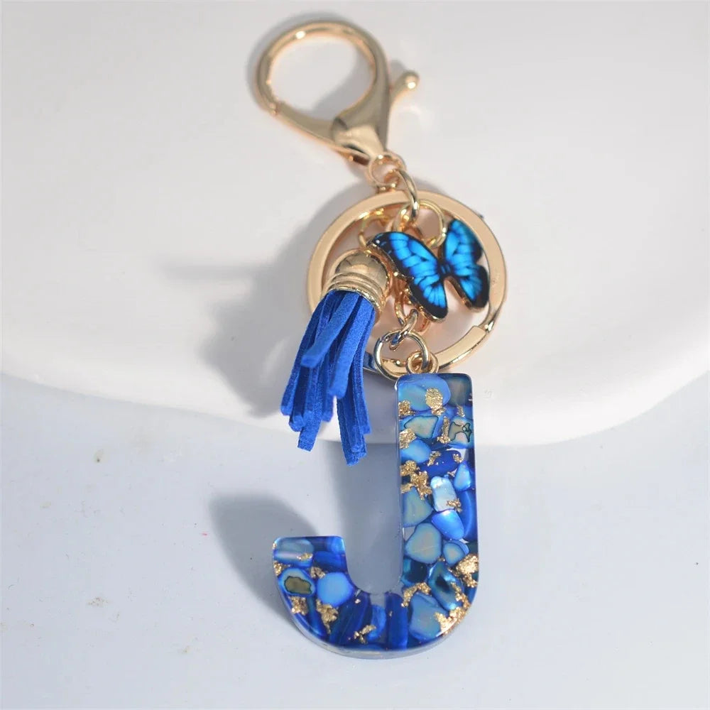 Fashion Blue Glazed Stone A To Z Letter Keychain 26 Initials Alphabet Butterfly Tassel Pendant Car Key Chain Women Jewelry GIfts