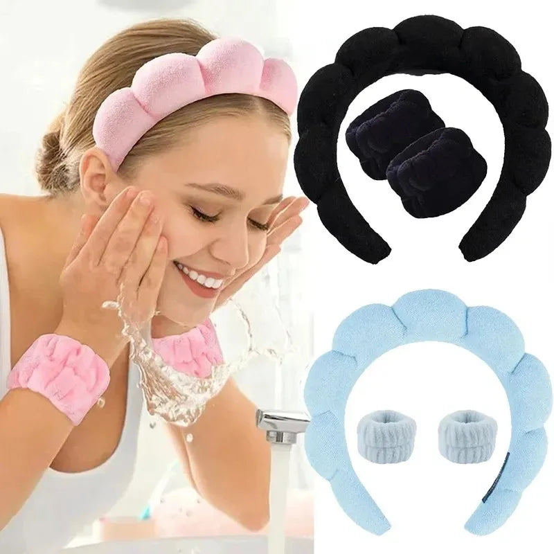 3PCS Stylish Washing Headband Set Wristbands Scrunchies Spa Bubble Headband