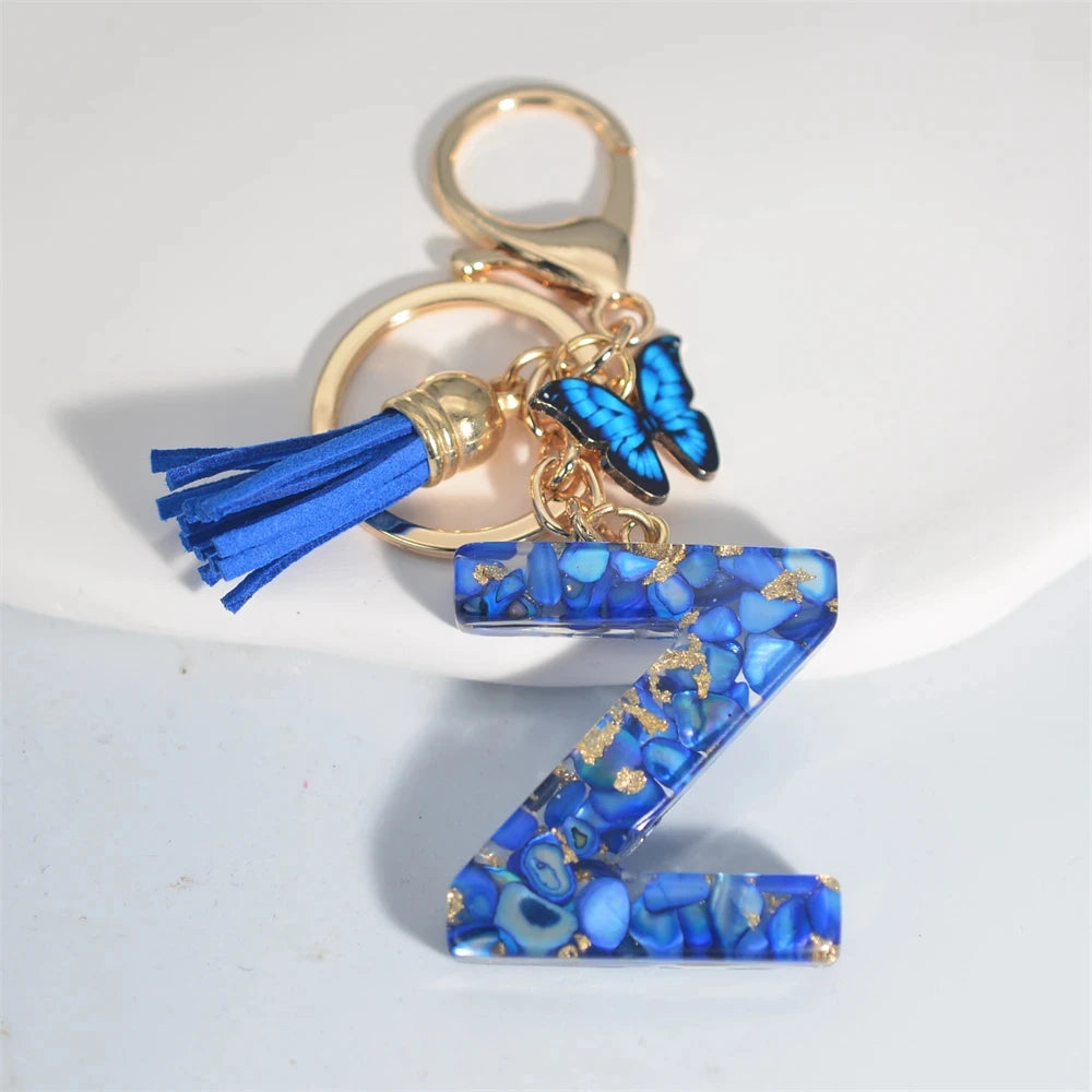 Fashion Blue Glazed Stone A To Z Letter Keychain 26 Initials Alphabet Butterfly Tassel Pendant Car Key Chain Women Jewelry GIfts